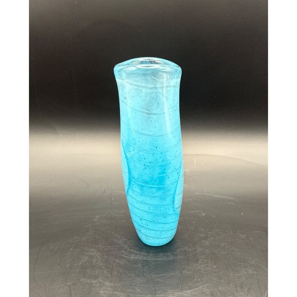 Vintage 1993 Rod Sounik Hand Blown Art Glass Vase Blue Swirl Signed #18  5in H - Picture 2 of 10
